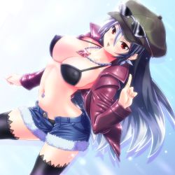 Rule 34 | 1girl, bikini, black bikini, black hair, borrowed character, hat, highres, jacket, leather, leather jacket, long hair, making-of available, multicolored hair, open clothes, open jacket, original, red eyes, short shorts, shorts, silver hair, solo, swimsuit, tennouji masamichi, thighhighs, two-tone hair