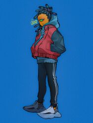 Rule 34 | 1boy, black pants, blue background, blue footwear, buttons, colored sclera, commentary request, dated, dreadlocks, full body, green sclera, hands in pockets, highres, hood, hoodie, jacket, male focus, murch (splatoon), nintendo, octmanx, one-eyed, pants, purple eyes, red jacket, shoes, signature, simple background, solo, splatoon (series), splatoon 3, standing