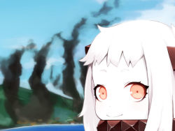 Rule 34 | 1girl, abyssal ship, bad id, bad tumblr id, colored skin, horns, kantai collection, lillithlauda, long hair, looking at viewer, meme, northern ocean princess, orange eyes, parody, photo-referenced, portrait, smile, smoke, solo, white hair, white skin