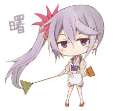 Rule 34 | 10s, 1girl, akebono (kancolle), bell, broom, commentary request, flower, hair bell, hair flower, hair ornament, kantai collection, long hair, ponytail, purple eyes, side ponytail, simple background, solo, white background, yamiarisu