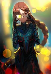Rule 34 | 1girl, adjusting eyewear, black-framed eyewear, blurry, blurry background, brown hair, closed mouth, fate/grand order, fate (series), glasses, gold trim, kare huang, light rays, long hair, red eyes, smile, solo, striped clothes, turtleneck, very long hair, yu mei-ren (fate), yu mei-ren (first ascension) (fate)