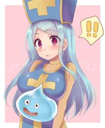 Rule 34 | !, !!, 1girl, asa (coco), blue hair, blush, bodysuit, breasts, dragon quest, dragon quest iii, hat, long hair, priest (dq3), red eyes, slime (dragon quest), solo, speech bubble, tabard