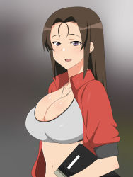 Rule 34 | 1girl, breasts, brown hair, cleavage, gradient background, highres, holding, jacket, kagemusha, large breasts, long hair, looking at viewer, navel, open clothes, original, parted lips, purple eyes, red jacket, simple background, smile, solo, sports bra, sweatdrop, upper body