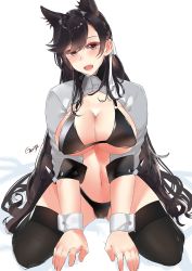 Rule 34 | 1girl, :d, alternate costume, animal ears, artist name, atago (azur lane), atago (stunning speedster) (azur lane), azur lane, bikini, bikini tug, black bikini, black hair, black thighhighs, blush, breasts, brown eyes, cameltoe, cleavage, genm7, hair ribbon, head tilt, highleg, highleg bikini, highres, jacket, large breasts, lips, long hair, looking at viewer, mole, mole under eye, navel, open mouth, race queen, ribbon, shrug (clothing), sidelocks, signature, simple background, sitting, sleeve cuffs, smile, solo, swimsuit, thighhighs, very long hair, white background, white jacket, white ribbon, wrist cuffs