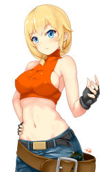 Rule 34 | 1girl, absurdres, alternate costume, bad id, bad pixiv id, bare shoulders, belt, black gloves, blonde hair, blue eyes, blue mary, blue mary (cosplay), breasts, cosplay, covered erect nipples, denim, fatal fury, fighting stance, gloves, hand on own hip, highres, looking at viewer, loose belt, low ponytail, medium breasts, midriff, navel, no bra, rodney (warship girls r), short hair, sideboob, snk, solo, stomach, the king of fighters, turtleneck, warship girls r, zhudacaimiao