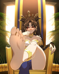 Rule 34 | 1girl, absurdres, anklet, armlet, ass, averting eyes, barefoot, bikini, black thighhighs, bracelet, breasts, brown hair, detached sleeves, earrings, fate/grand order, fate (series), feet, gold trim, hair ribbon, highres, hoop earrings, hyperbudd, ishtar (fate), jewelry, legs, long hair, looking to the side, medium breasts, mismatched bikini, neck ring, parted bangs, red eyes, ribbon, single detached sleeve, single thighhigh, sitting, soles, solo, swimsuit, thighhighs, thighlet, throne, tiara, toes, two side up