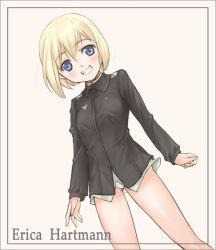 Rule 34 | 00s, 1girl, bad id, bad pixiv id, blonde hair, blue eyes, erica hartmann, kanda aya, panties, short hair, smile, solo, strike witches, underwear, world witches series