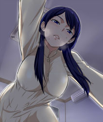 Rule 34 | 10s, 1girl, blue eyes, blue hair, breasts, breath, ceiling, from below, heavy breathing, large breasts, long hair, looking at viewer, matching hair/eyes, mikumo kasumi, mature female, parted lips, sidelocks, solo, sweat, wanao, world trigger