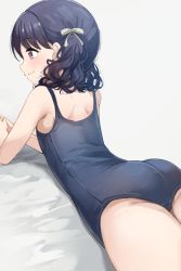 Rule 34 | 1girl, ass, bare arms, bare shoulders, black hair, blue one-piece swimsuit, commentary request, from behind, fukumaru koito, hair ribbon, highres, hiroki (yyqw7151), idolmaster, idolmaster shiny colors, lying, medium hair, on stomach, one-piece swimsuit, purple eyes, ribbon, school swimsuit, shoulder blades, solo, swimsuit, twintails, white background