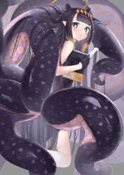 Rule 34 | 1girl, :o, absurdres, ao-chan (ninomae ina&#039;nis), bad id, bad pixiv id, black dress, black gloves, blunt bangs, book, detached sleeves, dress, gloves, grey background, grey eyes, halo, highres, holding, holding book, hololive, hololive english, long hair, looking at viewer, looking back, mole, mole under eye, nametarou (meron), ninomae ina&#039;nis, ninomae ina&#039;nis (1st costume), pointy ears, purple hair, simple background, single detached sleeve, single thighhigh, solo, standing, standing on one leg, strapless, tentacles, thighhighs, virtual youtuber