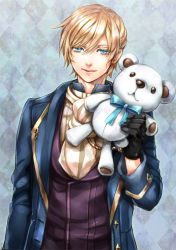 Rule 34 | 1boy, aiguillette, argyle, argyle background, argyle clothes, arm at side, ascot, bad id, bad pixiv id, black gloves, blonde hair, blue background, blue coat, blue eyes, closed mouth, coat, doro (sabarudoro), gloves, hand up, holding, holding stuffed toy, ikemen ooku, lips, long sleeves, looking at viewer, louis howard, male focus, mole, mole under eye, non-web source, smile, solo, stuffed animal, stuffed toy, swept bangs, teddy bear, upper body, vest, white ascot