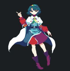 Rule 34 | 1girl, 4qw5, black background, blue eyes, blue hair, boots, cape, closed mouth, full body, hairband, highres, long sleeves, looking at viewer, multicolored clothes, multicolored hairband, pixel art, purple footwear, simple background, solo, tenkyuu chimata, touhou, white cape