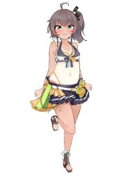 Rule 34 | 1girl, absurdres, adapted costume, ahoge, arms behind back, black ribbon, blush, bow, breasts, brown footwear, brown hair, collarbone, full body, green eyes, hair ribbon, highleg, highleg swimsuit, highres, hololive, hololive summer 2023 swimsuit, looking at viewer, natsuiro matsuri, navel, official alternate costume, one-piece tan, open mouth, orange bow, ribbon, sandals, side ponytail, sidelocks, simple background, small breasts, solo, standing, standing on one leg, suzu coconatu, swimsuit, tan, tanline, thighs, toeless footwear, toes, virtual youtuber, white background