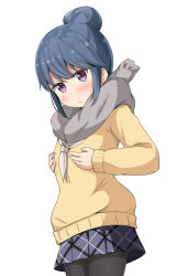Rule 34 | 1girl, aikawa ryou, black pantyhose, blue hair, blue skirt, blush, closed mouth, commentary request, fringe trim, grey scarf, hair bun, highres, long sleeves, neckerchief, pantyhose, pleated skirt, purple eyes, scarf, shima rin, simple background, single hair bun, skirt, sleeves past wrists, solo, sweater, white background, white neckerchief, yellow sweater, yurucamp