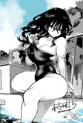 Rule 34 | 1girl, ass, bare shoulders, breasts, erotic x anabolic, glasses, highres, huge ass, inui achu, large breasts, long hair, mitsukura itsuha, monochrome, one-piece swimsuit, original, pool, sitting, solo, swimsuit, thick thighs, thighs, wide hips