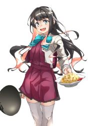 Rule 34 | 1girl, absurdres, black hair, blazer, blouse, blue bow, bow, bowtie, breasts, dress, fang, food, fried rice, green eyes, grey thighhighs, hair down, hairband, halterneck, highres, holding, holding food, jacket, kantai collection, large breasts, long hair, looking at viewer, multicolored hair, naganami (kancolle), naganami kai ni (kancolle), pantyhose, pink hair, plate, pleated skirt, shirt, skirt, solo, standing, tanabe (fueisei), thighhighs, two-tone hair, wavy hair, white hairband, white shirt, wok
