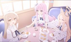Rule 34 | 3girls, blonde hair, blue archive, cake, cake slice, capelet, closed mouth, cup, detached sleeves, dress, flower, food, fork, hair between eyes, hair bun, hair flower, hair ornament, halo, highres, holding, holding cup, holding fork, light brown hair, long hair, long sleeves, mika (blue archive), multiple girls, nagisa (blue archive), one eye closed, open mouth, pink hair, pink halo, purple flower, quarterlift, seia (blue archive), single side bun, smile, tea party (blue archive), tongue, tongue out, white capelet, white dress, yellow eyes, yellow halo