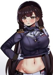 Rule 34 | 1girl, absurdres, ascot, belt, black belt, black jacket, blush, breasts, brown eyes, brown hair, clothes lift, commentary, cowboy shot, crop top, cropped jacket, epaulettes, gloves, goddess of victory: nikke, groin, highres, id card, iog626, jacket, jacket lift, large breasts, lifting own clothes, long hair, marciana (nikke), midriff, military jacket, military uniform, name tag, navel, navel piercing, pants, parted lips, piercing, riding crop, sidelocks, simple background, solo, standing, sweat, tight clothes, tight pants, uniform, very long hair, white ascot, white background, white gloves, white pants