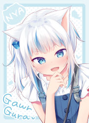Rule 34 | 1girl, animal ears, blue eyes, blue hair, blush, cat ears, gawr gura, gawr gura (casual), highres, hololive, hololive english, looking at viewer, multicolored hair, nail polish, official alternate costume, open mouth, purapa, sharp teeth, silver hair, smile, solo, streaked hair, teeth, virtual youtuber