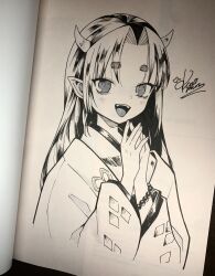 Rule 34 | 1girl, blush, bracelet, commentary request, cropped torso, demon girl, highres, horns, japanese clothes, jewelry, kanimura ebio, kimono, long hair, marker (medium), monochrome, open mouth, original, own hands together, photo (medium), pointy ears, short eyebrows, signature, smile, solo, traditional media
