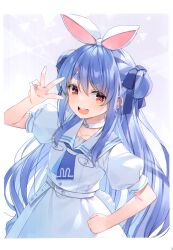 Rule 34 | 1girl, absurdres, animal ears, belt, blue hair, bow, breast pocket, collar, collarbone, double bun, fingernails, flat chest, hair bow, hair bun, hand on own hip, hand up, highres, hololive, long hair, looking at viewer, multicolored hair, open mouth, orange hair, page number, pocket, puffy sleeves, rabbit ears, rabbit tail, scan, short sleeves, simple background, smile, solo, tail, teeth, two-tone hair, upper teeth only, usada pekora, usada pekora (casual), virtual youtuber, white background, white hair, yuuki hagure