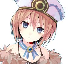 Rule 34 | 1girl, bare shoulders, blanc (neptunia), blue eyes, brown hair, commentary request, fur trim, hair between eyes, hat, head tilt, highres, looking at viewer, neptune (series), portrait, short hair, simple background, solo, spaghetti strap, tomozero, upper body, white background, white hat
