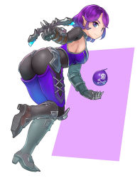 Rule 34 | 1girl, armor, ass, bent over, black bodysuit, bodysuit, bomb, boots, bow (weapon), breasts, closed mouth, crossbow, explosive, from behind, full body, greaves, hand up, himeshaga, holding, holding weapon, knee boots, looking at viewer, looking back, medium breasts, paladins, pink background, pointy ears, purple eyes, purple hair, short hair, skull and crossbones, skull print, skye (paladins), smile, solo, thighhighs, weapon, white background