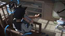 Rule 34 | 1girl, 20cnanmin, animal ears, barefoot, black hair, black nails, blue archive, blue halo, blue sailor collar, blue skirt, blue tail, book, cat ears, cat tail, commentary request, crossed legs, from behind, halo, highres, indoors, kikyou (blue archive), long sleeves, multiple tails, on chair, pleated skirt, sailor collar, scroll, shirt, short hair, sitting, skirt, solo, tail, white shirt