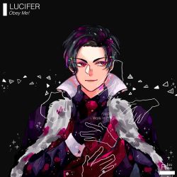 Rule 34 | 1boy, black gloves, black hair, black shirt, cape, character name, collared shirt, copyright name, eyebrows, eyelashes, forehead, fur trim, gloves, headpat, lips, long sleeves, lucifer (shall we date?: obey me!), necktie, red eyes, red necktie, red vest, rfuuriee, shall we date?: obey me!, shirt, short hair, sleeves past elbows, solo, vest, wrist cuffs