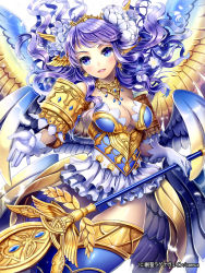 Rule 34 | 1girl, bad id, bad pixiv id, blue eyes, breasts, cleavage, dress, ells, female focus, flower, gloves, jewelry, long hair, lots of jewelry, open \m/, original, smile, solo, sousei ragnavein, staff, wings