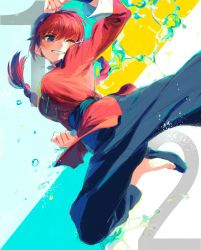 Rule 34 | 1girl, absurdres, blouse, blue eyes, braid, braided ponytail, breasts, chinese clothes, genderswap, genderswap (mtf), highres, large breasts, long hair, one eye closed, ranma-chan, ranma 1/2, red hair, red shirt, saotome ranma, shirt, single braid, solo, tangzhuang, tentsu, very long hair, wink