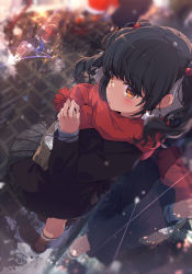 Rule 34 | 1girl, bag, black hair, blush, brown eyes, brown socks, christmas, christmas ornaments, coat, fingers together, kneehighs, loafers, long hair, ogipote, original, outdoors, pleated skirt, reflection, scarf, shoes, skirt, socks, solo, sweater, twintails, winter clothes, winter coat