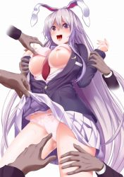Rule 34 | 1girl, :d, amisu, animal ears, arm grab, between breasts, blazer, blush, bra, bra lift, breasts, breasts out, clothes lift, cowboy shot, disembodied limb, ears down, groping, jacket, large breasts, lifting another&#039;s clothes, light purple hair, long hair, long sleeves, miniskirt, molestation, multigrope, multiple hands, necktie, necktie between breasts, nipples, open mouth, panties, pink bra, purple eyes, rabbit ears, red eyes, red necktie, reisen udongein inaba, restrained, shirt, simple background, skirt, skirt lift, smile, solo focus, tearing up, tears, touhou, underwear, very long hair, white background, white panties, white shirt, white skirt
