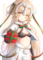 Rule 34 | 1girl, bad id, bad pixiv id, bell, black bra, blonde hair, blush, bow, bowtie, box, bra, breasts, capelet, cleavage, fate/grand order, fate (series), fur trim, holding, holding box, jeanne d&#039;arc (fate), jeanne d&#039;arc alter santa lily (fate), long hair, looking at viewer, midriff, skirt, small breasts, solo, standing, stomach, underwear, very long hair, white background, white capelet, white skirt, yellow eyes, zhi yu (siro800102)