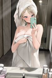 Rule 34 | 1girl, absurdres, bare shoulders, bathroom, blonde hair, blue eyes, blush, breasts, cellphone, cleavage, closed mouth, contrapposto, counter, hand on own chest, highres, holding, holding towel, indoors, large breasts, lillly, mirror, naked towel, original, phone, see-through silhouette, selfie, smartphone, smile, solo, swept bangs, towel, towel on head
