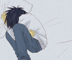 Rule 34 | 00s, bed, bed sheet, black hair, death note, l (death note), lying, pillow