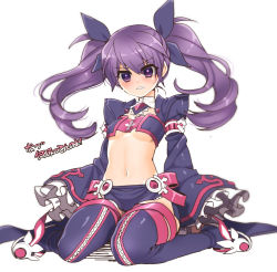 Rule 34 | 1girl, aisha landar, bad id, bad pixiv id, bandeau, blush, boots, breasts, covered erect nipples, elsword, full body, highres, limble, long hair, midriff, miniskirt, navel, purple eyes, purple footwear, purple hair, simple background, sitting, skirt, sleeves past wrists, small breasts, solo, thigh boots, thighhighs, twintails, underboob, void princess, void princess (elsword), wariza, white background