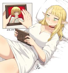 Rule 34 | 2girls, blonde hair, blush, breasts, collar, dungeon meshi, elf, falin touden, green eyes, highres, jk arts, marcille donato, medium breasts, medium hair, meme, multiple girls, on bed, photo (object), picture frame, pillow, pointy ears, thighs, wolverine crush (meme)