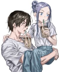 Rule 34 | 1boy, 1girl, abs, absurdres, alternate costume, alternate hairstyle, arms around neck, asirpa, blue eyes, blue hair, blue pants, blush, brown eyes, brown hair, bubble tea, carrying, chamuring, child carry, cup, disposable cup, drink, drinking, drinking straw, drinking straw in mouth, earrings, facial scar, golden kamuy, hair bun, highres, holding, holding cup, holding drink, hoop earrings, iced tea, jewelry, long hair, muscular, muscular male, object on pectorals, open mouth, pants, pectorals, saliva, saliva trail, scar, scar on cheek, scar on face, scar on mouth, scar on nose, shirt, short hair, signature, sugimoto saichi, tea, toned, toned male, white background, white shirt