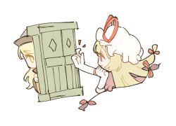 Rule 34 | 2girls, arm up, blonde hair, blush, bow, brown headwear, cape, chibi, closed mouth, commentary request, detached sleeves, door, dress, elbow gloves, gap (touhou), gloves, grey headwear, hair between eyes, hair bow, hand up, hands up, hat, hat bow, korean commentary, long hair, long sleeves, looking at another, looking to the side, matara okina, mob cap, multiple girls, odacxam, orange cape, puffy short sleeves, puffy sleeves, purple dress, purple eyes, red bow, short sleeves, simple background, smile, touhou, white background, white gloves, white headwear, wide sleeves, yakumo yukari, yellow eyes