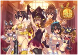 Rule 34 | 10s, 6+girls, :d, :o, ;d, alternate costume, animal ears, animal print, arm up, ashigara (kancolle), bandages, bikini, black dress, black gloves, blue eyes, blush, bolt (hardware), breast envy, breast hold, breasts, brown eyes, brown hair, cape, cleavage, club, club (weapon), commentary request, covered erect nipples, covered navel, dress, elbow gloves, fake animal ears, fang, fishnet legwear, fishnets, flat chest, fur collar, fur trim, gloves, halloween, hat, horns, jack-o&#039;-lantern, kaga (kancolle), kanabou, kantai collection, kongou (kancolle), large breasts, leopard print, mimonel, multiple girls, naked bandage, no nipples, one eye closed, oni, oni horns, open mouth, paw pose, ponytail, red eyes, ribbed sweater, ryuujou (kancolle), scar, short dress, side ponytail, smile, spiked club, string bikini, sweatdrop, sweater, swimsuit, takao (kancolle), thighhighs, tiger print, torn clothes, turtleneck, twintails, underboob, visor cap, wand, weapon, witch hat, yamato (kancolle), zettai ryouiki