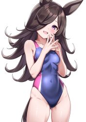 Rule 34 | 1girl, animal ears, bare arms, bare legs, bare shoulders, blue one-piece swimsuit, blush, brown hair, collarbone, competition swimsuit, covered navel, cowboy shot, hair over one eye, herohero (higashi no dou), highres, horse ears, horse girl, horse tail, long hair, looking at viewer, one-piece swimsuit, open mouth, purple eyes, rice shower (umamusume), simple background, smile, solo, swimsuit, tail, umamusume, white background
