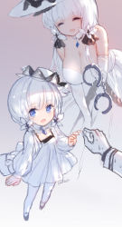 Rule 34 | 1boy, 1girl, 2girls, absurdres, age difference, aged down, arm up, artist name, azur lane, bare shoulders, blue eyes, bow, breasts, child, child marriage, choker, cleavage, clenched hand, closed eyes, commander (azur lane), commentary, cuffs, dress, elbow gloves, false smile, flower, gloves, hair flower, hair ornament, handcuffs, hat, highres, holding, holding handcuffs, holding jewelry, holding ring, illustrious (azur lane), jewelry, large breasts, leaning forward, little illustrious (azur lane), long hair, low twintails, mole, mole under eye, multiple girls, open mouth, pantyhose, pendant, pink background, ring, simple background, smile, strapless, strapless dress, swd3e2, sweatdrop, twintails, wedding band, white dress, white gloves, white hair, white headwear, white pantyhose