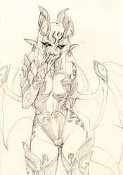Rule 34 | 1girl, arm behind back, bare shoulders, black sclera, body markings, breasts, bridal gauntlets, center opening, colored sclera, covering own mouth, demon (monster girl encyclopedia), demon girl, demon wings, druella, ear piercing, earrings, facial tattoo, gloves, hand over own mouth, horns, jewelry, large breasts, lilim (monster girl encyclopedia), long hair, looking at viewer, monochrome, monorus, monster girl encyclopedia, monster girl encyclopedia world guide i: fallen maidens, navel, piercing, pointy ears, revealing clothes, sketch, slit pupils, smirk, solo, tattoo, thighs, traditional media, wings