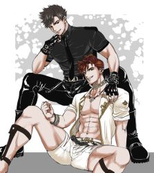 Rule 34 | 2boys, belial (granblue fantasy), belt, black hair, black pants, black shirt, boots, bracelet, brown hair, bunkichi (bun005), choker, closed mouth, earrings, fingerless gloves, gloves, granblue fantasy, green eyes, hand on another&#039;s shoulder, jacket, jewelry, lobelia (granblue fantasy), looking at viewer, male focus, multiple boys, muscular, muscular male, necklace, necktie, open clothes, open jacket, pants, red eyes, sandals, shirt, short hair, shorts, sitting, smile, squatting, teeth, white jacket, white shorts