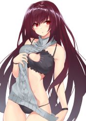 Rule 34 | 1girl, absurdres, aran sweater, backless dress, backless outfit, bare shoulders, black bra, black panties, blush, bra, breasts, cable knit, cat cutout, cat lingerie, cleavage, cleavage cutout, clothes pull, clothes tug, clothing cutout, collarbone, cowboy shot, dress, fate/grand order, fate (series), frilled bra, frills, grey sweater, groin, hair between eyes, hair intakes, hand on own chest, head tilt, highres, hip focus, large breasts, lingerie, long hair, looking at viewer, looking to the side, meme attire, open mouth, panties, purple hair, red eyes, ribbed sweater, scathach (fate), shunichi, simple background, smile, solo, stomach, sweater, sweater dress, sweater pull, sweater tug, thighs, turtleneck, underwear, very long hair, virgin killer sweater, white background, wristband