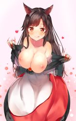 Rule 34 | 1girl, :q, animal ears, bare shoulders, blush, breasts, brown hair, cleavage, dress, female focus, fingernails, gradient background, imaizumi kagerou, large breasts, long hair, looking at viewer, nipples, red eyes, smile, solo, tail, tongue, tongue out, touhou, undressing, wolf ears, wolf tail, yukizumi remon
