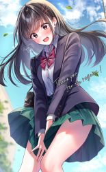 Rule 34 | 1girl, amagi shino, bare legs, black bag, black hair, black jacket, blazer, blue jacket, blue sky, blurry, blurry background, blush, bow, bowtie, breasts, brown eyes, buttons, clear sky, cloud, cloudy sky, collared shirt, commentary, cowboy shot, day, dress shirt, embarrassed, english text, falling leaves, fang, from below, green skirt, hair ornament, hairclip, highres, jacket, leaf, long hair, medium breasts, open mouth, original, outdoors, plaid, plaid bow, plaid bowtie, pleated skirt, red bow, red bowtie, school uniform, shirt, signature, skirt, skirt hold, sky, solo, thank you, thighs, tree, white shirt, wind, wind lift