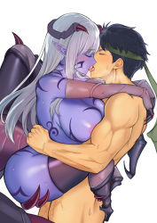 Rule 34 | 1boy, 1girl, arachne, arthropod girl, blue hair, blue skin, breasts, closed eyes, colored skin, commission, completely nude, dark blue hair, fire emblem, french kiss, gloves, hetero, highres, horns, ike (fire emblem), insect girl, kiss, large breasts, leg lock, light blush, monster girl, nintendo, nude, original, pointy ears, purelove acc, sex, simple background, skeb commission, spider girl, suspended congress, sweat, tattoo, taur, tongue, tongue out, white background, white hair