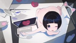 Rule 34 | 1girl, animal ears, bob cut, breasts, computer, cup, fake animal ears, female focus, floating, from above, hair intakes, heart, itezanon, keyboard (computer), mouse (computer), nude, one eye closed, open mouth, original, purple eyes, shadow, slippers, small breasts, solo, teacup, zero gravity